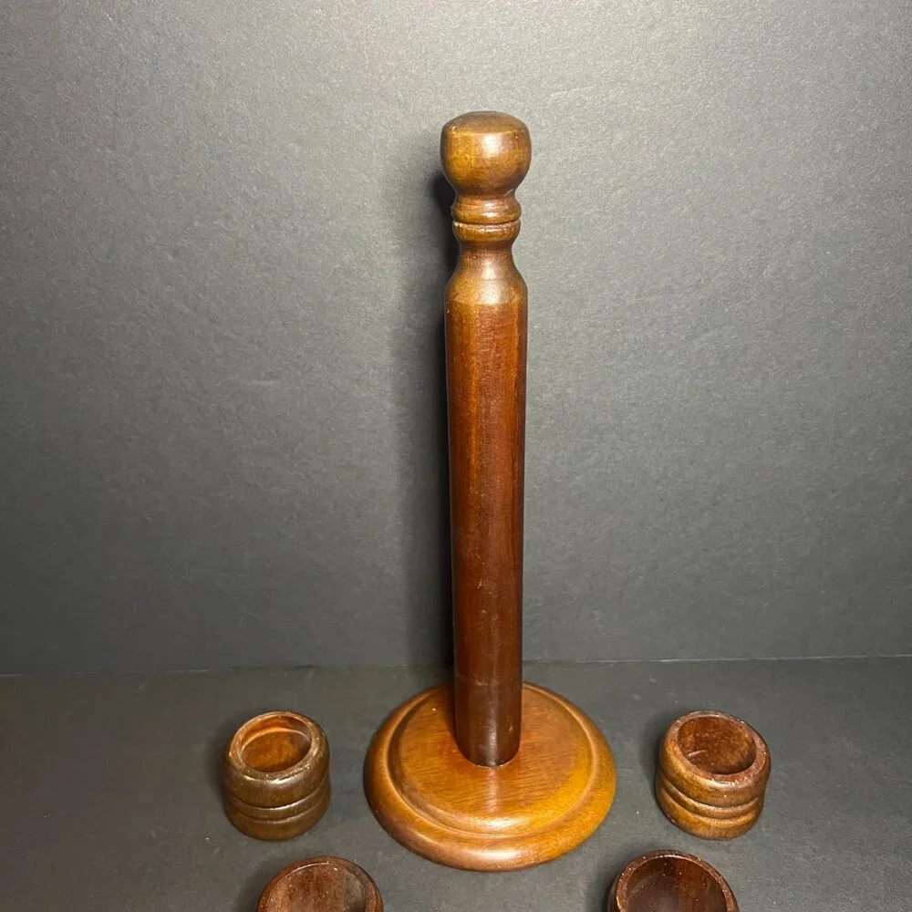 Vintage Retro Price Import Set of 5 Wooden Napkin Holder Rings & Stand 9.75" - Picture 2 of 8
